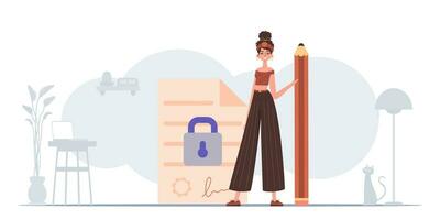 The concept of signing and protecting data. Smart contract. A woman stands near a large document and holds a pencil. vector