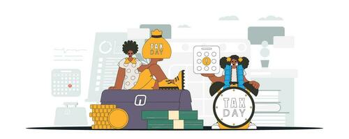 Fashionable girl and guy are engaged in paying taxes. An illustration demonstrating the importance of paying taxes for economic development. vector