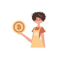 el niña es participación bitcoin en su manos. personaje con un moderno estilo. vector