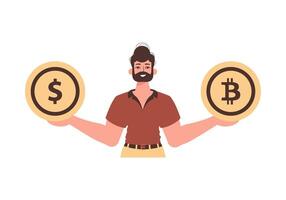 The guy holds a bitcoin and a dollar in his hands. Character in trendy style. vector