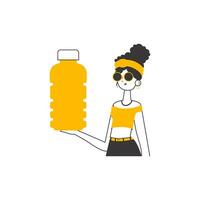 The woman is holding a bottle in her hand. Linear style. Isolated on white background. Vector illustration.