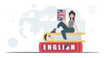 el concepto de aprendizaje inglés. un mujer se sienta en libros y sostiene un Inglés diccionario en su manos. de moda dibujos animados estilo. vector. vector