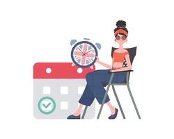 Girl, a calendar with a marked date and a clock. The concept of learning English. Isolated. trendy style. Vector. vector