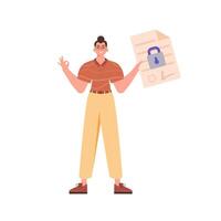 The man is holding a document. Data protection concept. Smart contract. Modern style character. vector