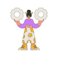 Presentable woman holds gears in her hands. Idea theme. vector