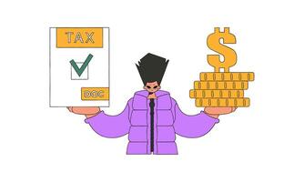 A neat man holds a tax form and coins in his hands. The topic of paying taxes. vector