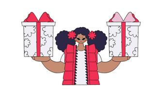 A woman holds two gifts in her hands. Holiday surprise concept. Character in the style of the 80s and 90s. vector