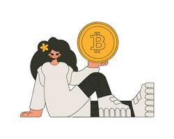 The girl is holding a bitcoin coin. Rentro style character. vector