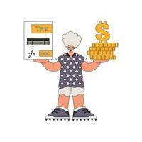 A graceful man holds a tax form and coins in his hands. The topic of paying taxes. vector