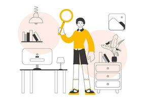 The guy is holding a magnifying glass in his hands. Search concept. Lines modern style. Vector illustration.