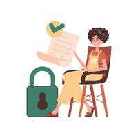 The girl sits in a chair and holds a document in her hands. Data protection. Smart contract. Modern style character. vector