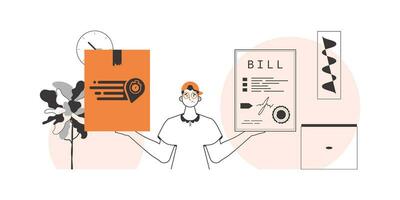 The guy holds a parcel and a check in his hands. Parcel delivery concept. Linear trendy style. vector