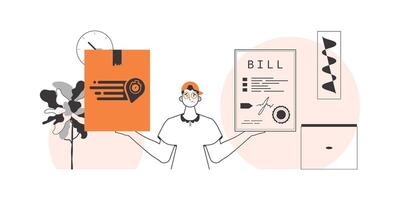 The guy holds a parcel and a check in his hands. Parcel delivery concept. Linear trendy style. vector