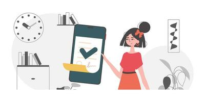 Data protection concept. Smart contract. The woman is holding a document. vector