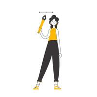 The girl designer holds a pen tool for 2D graphics in her hand. Linear trendy style. Isolated on white background. Vector. vector