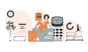 A woman sits on a bank card and holds a parcel. Parcel delivery concept. Linear modern style. vector