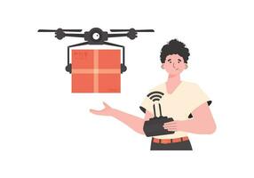 The theme of cargo delivery by air. A man controls a drone with a package. Isolated. Vector illustration.