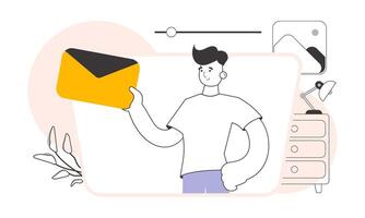 A man holds an envelope or a letter in his hands. Lines modern style. . vector
