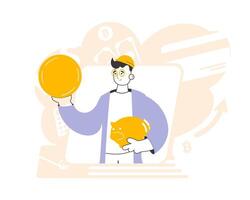 The guy holds a coin and a piggy bank in his hands. The theme of saving money. Linear trendy style. vector