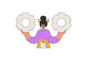 Stylish girl holds gears in her hands. Idea theme. vector