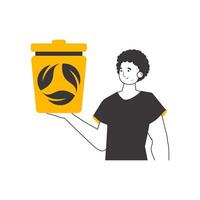 The guy is holding a trash can. Waste recycling concept. Linear style. Isolated on white background. illustration. vector