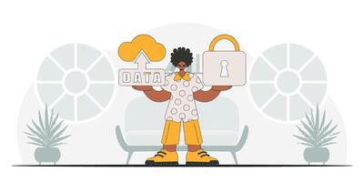 Modern vector style character, with padlock and cloud storage.