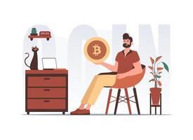 The concept of mining and extraction of bitcoin. The guy sits in a chair and holds a bitcoin coin in his hands. Character in modern trendy style. vector