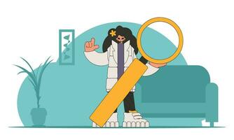 Concept Finding the necessary information on the Internet. The man is holding a magnifying glass. Retro style character. vector
