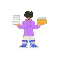 un elegante chico sostiene pilas de documentos en su manos. vector