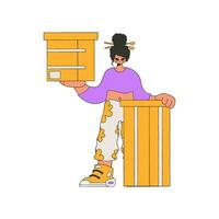 Delightful woman holding boxes. The essence of delivering packages and freight. vector