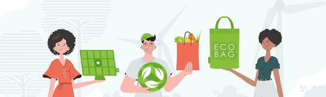 Caring about the environment. ECO friendly People. Fashion characters. Vector illustration.