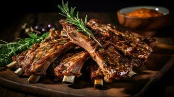 Succulent and tender Lamb ribs marinated in a savory blend of spices, AI Generated photo