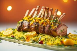 Lamb Shank Biryani Rice with lemon and mint on top Generative AI photo