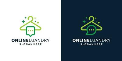 Online laundry logo design template. Clothes hangers logo with chat bubble design graphic vector illustration. Symbol, icon, creative.