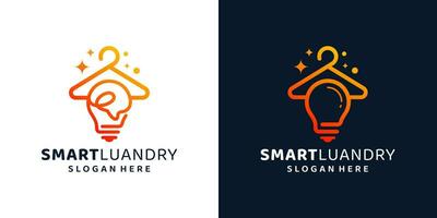 Smart laundry logo design template. Clothes hangers logo with light bulb design graphic vector illustration. Symbol, icon, creative.