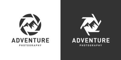 Landscape Photography logo design template. Lens camera logo with mountain peak design graphic vector illustration. Symbol, icon, creative.