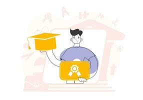 The guy is a university graduate holding a diploma. Line art style. Vector. vector