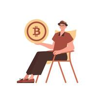 A man sits in a chair and holds a bitcoin in his hands. Character with a modern style. vector