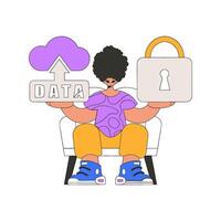 Person with cloud storage and a lock. vector