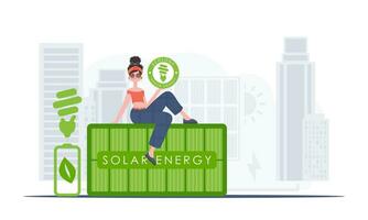 The concept of ecology and green energy. The girl sits on the solar panel and holds the ECO logo in her hands. trendy style. Vector illustration.