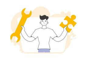 A man is holding a wrench and a puzzle. Teamwork theme. Linear trendy style. vector