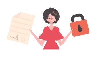 A woman is holding a contract or document. Smart contract. Data protection. Modern style character. vector