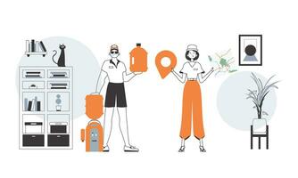 Water delivery concept. The guy and the girl deliver water to the house. Linear modern style. vector