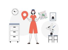 Girl with a map in her hands. Delivery concept. Lineart style. vector