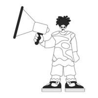 Proficient HR specialist man holding a megaphone in his hands. HR topic. Linear black and white style. vector