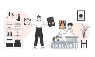 Guy and girl English teacher. The concept of learning a foreign language. Linear style. vector