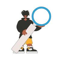 The man is holding a magnifying glass. Search for the necessary information on the Internet. Retro style character. vector