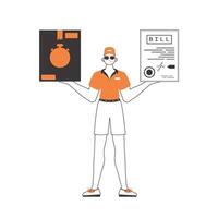 A man holds a parcel and a check in his hands. The concept of the delivery of goods and parcels. Linear modern style. Isolated on white background. illustration. vector