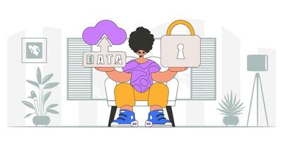 Man with cloud storage and a padlock, modern character style in format. vector