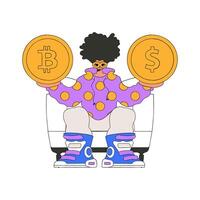 A man holds a coin of bitcoin and dollar in his hands. Character Trendy retro style. vector